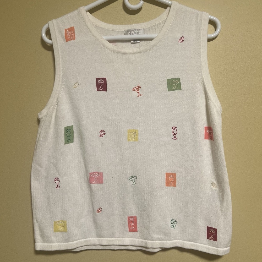 Vtg Christopher And Banks Women's Sleeveless Knit Top Embroidered Cocktail Large